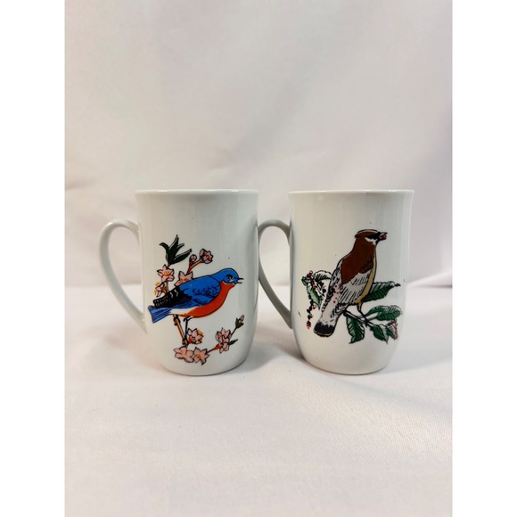 Leonard Other - Leonard Porcelain Poland Bird Mugs Set of 2 Bluebird Cedar Waxwing White 4in